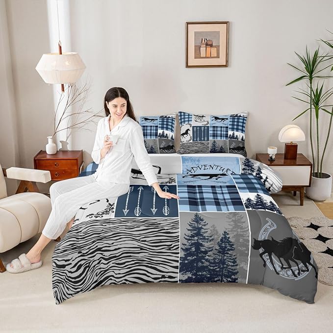 Erosebridal Kids Horse Comforter Set, Southwest Horseshoe Bedding Set Vintage Western Riding Boots Quilt Arrow Forest Plaid Patchwork Bedding Comforter Set Rustic Farmhouse Lodge Bedroom Decor, Queen