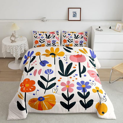 Hippie Floral Full Size Comforter Set,Vintage 70s Retro Bohemian Reversible Bedding Comforters Bedroom Decor,Groovy Flowers Plant Cartoon Sketch Breathable Polyester Bedding Set