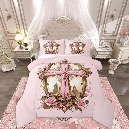 Erosebridal The Cross Theme Comforter Set, Patriotic Style Bedding Set Queen Size for Kids Girls Women Bedroom Decor, Rose Flower Down Comforter Romantic Floral Quilt for All Season, Pink