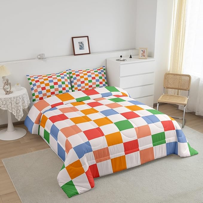 Feelyou Checkered Retro Bedding Set Teen Women Men Rainbow Colorful Plaid Comforter Set Toddler Size Kids Boys Girls Geometric Vintage Duvet Insert Modern Simple Groovy Aesthetic Room Decor