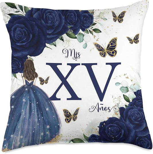 Chic Navy Blue Floral Quinceañera Mis XV 15 Años Throw Pillow