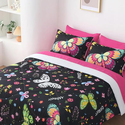 Girls Butterfly Comforter Set Queen Size Colorful Flowers Leaves Bedding Set for Kids Teens Adults Black 7 Piece Bed in A Bag Super Soft All Season