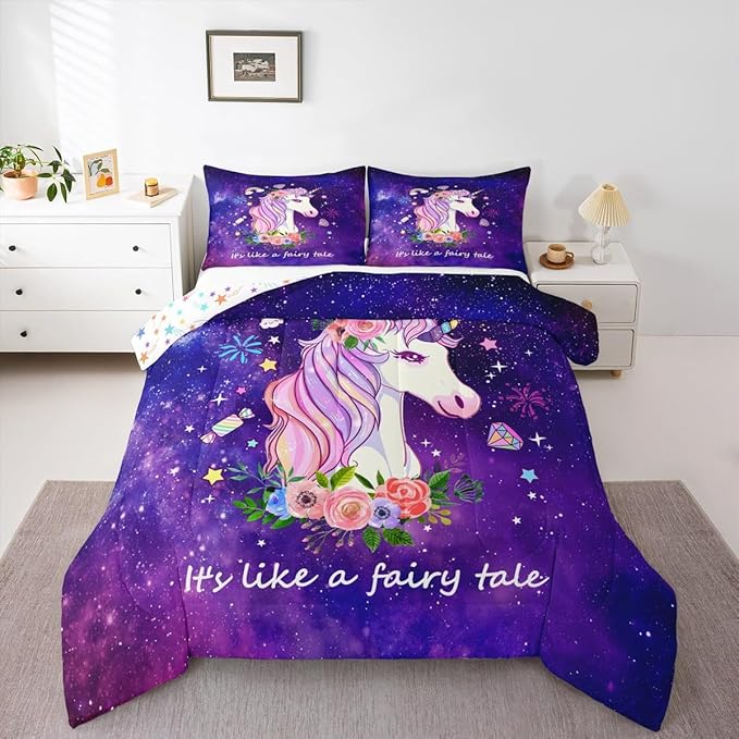 Unicorn Gifts for Girls,Kawaii Comforter Set Glitter Galaxy Bedding Set for Kids Toddler,Cartoon Magical Animal Duvet Insert Cute Horse Quilt Twin,Purple Unicorn Room Decor for Girls Bedroom