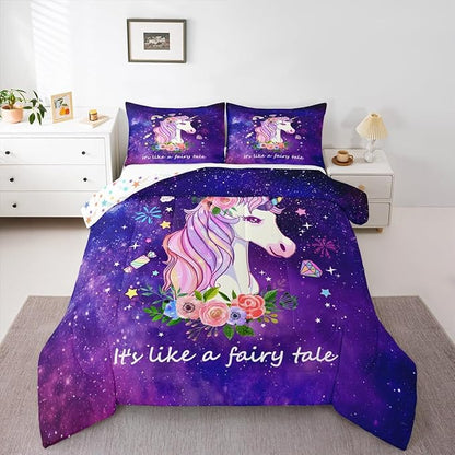 Unicorn Gifts for Girls,Kawaii Comforter Set Glitter Galaxy Bedding Set for Kids Toddler,Cartoon Magical Animal Duvet Insert Cute Horse Quilt Twin,Purple Unicorn Room Decor for Girls Bedroom