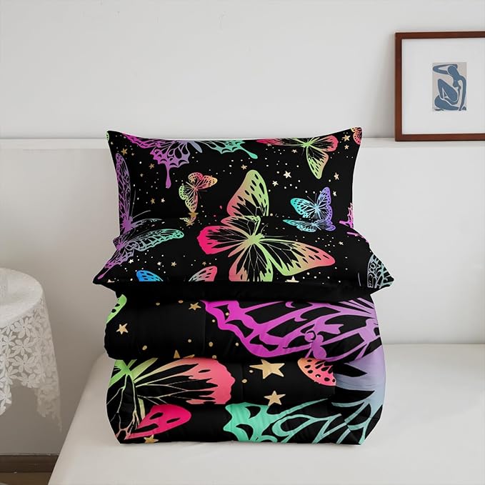 Erosebridal Butterfly Comforter Set King Starry Sky Galaxy Colorful Ombre Butterflies Bedding Sets for Kids Girls Teens Women Cartoon Bedding Comforters & Sets Room Decor with 2 Pillow Cases