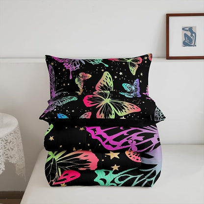 Erosebridal Butterfly Comforter Set Queen Starry Sky Galaxy Colorful Ombre Butterflies Bedding Sets for Kids Girls Teens Women Cartoon Bedding Comforters & Sets Room Decor with 2 Pillow Cases