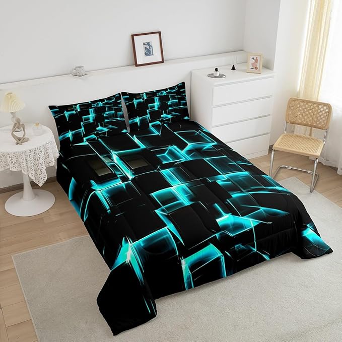 Erosebridal Modern Kids Comforter Set, 3D Plaid Square Print Twin Size Bed Set for Teen Boys, Black and Teal Soft Microfiber Bedding Sets for All Seasons, 2 Piece