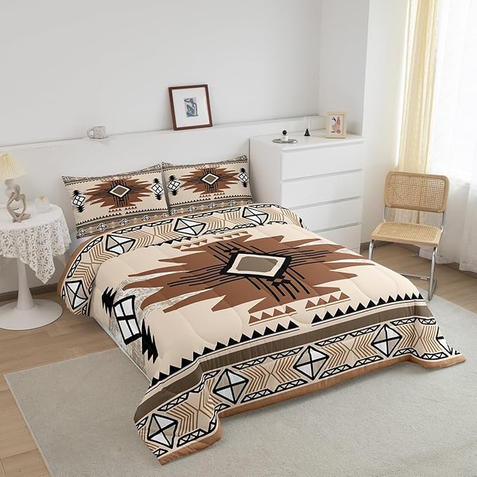 Feelyou Boho Comforter Set King Size Southwest Native American Design Comforter Southwestern Geometric Bedding Set Western Decor Duvet Set Room Decor Beige Brown Quilt Set