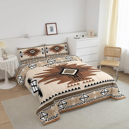 Feelyou Boho Comforter Set King Size Southwest Native American Design Comforter Southwestern Geometric Bedding Set Western Decor Duvet Set Room Decor Beige Brown Quilt Set