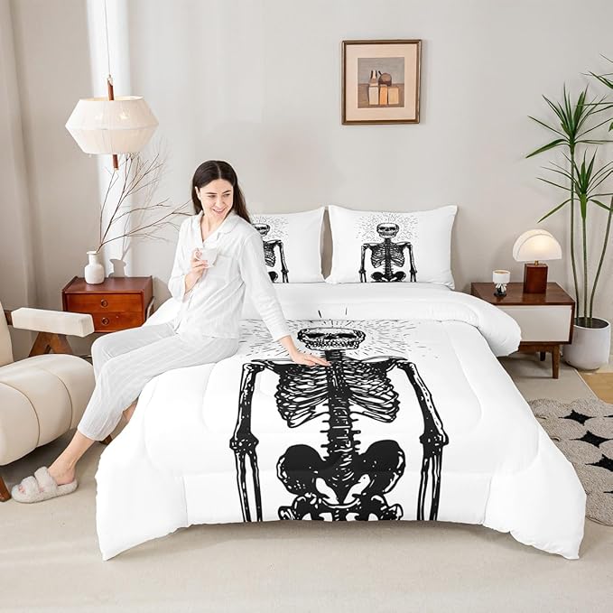 Erosebridal Halloween Skeleton King Bedding Set, Gothic Skull Comforter Set for Kids Boys Teens Men Bedroom Decor, Spooky Halloween Comforter, Skull Quilt with 2 Pillowcases