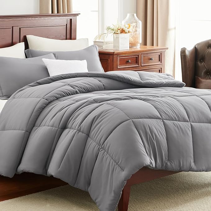 CozyLux Queen Comforter Set - Grey Comforters Queen Size, 3 Pieces Box Stitched Bed Set for All Seasons, Soft Lightweight Bedding Sets with 1 Down Alternative Comforter and 2 Pillow Shams