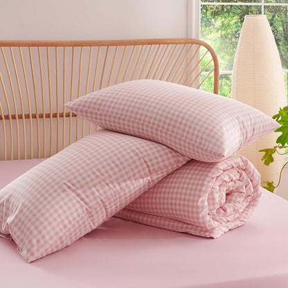 Nayoroom Pink Gingham Comforter Set Twin Size Plaid Checkered Dorm Bedding Set Girls 2 Pieces Soft Lightweight Grid Comforter for All Seasons (1 Comforter, 1 Pillowcase)
