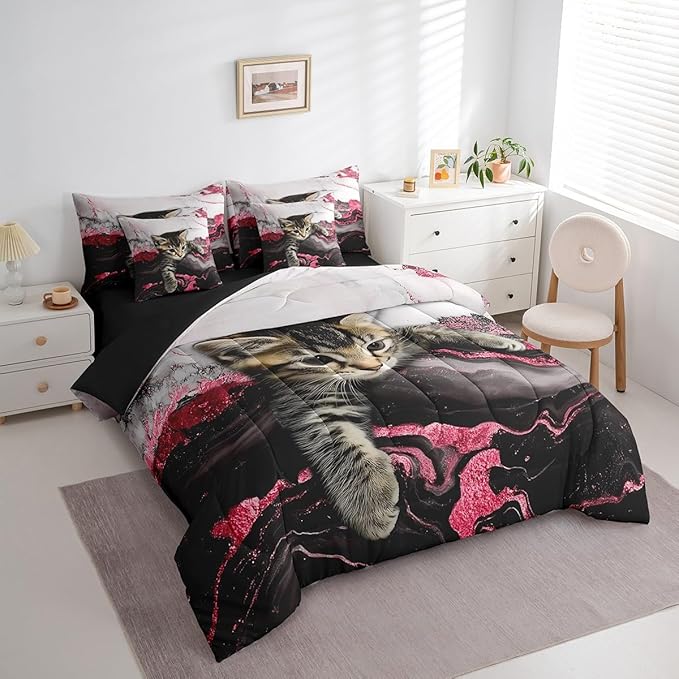 Erosebridal Cute Cat Bed in A Bag Watercolor Marble Print Bedding Set Twin, Marbling Abstract Cartoon Animal 7 Pieces Comforter Sets with Sheets Burgundy Watercolor Marbling Bed Set 7 Pieces