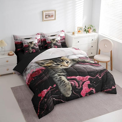 Erosebridal Cute Cat Bed in A Bag Watercolor Marble Print Bedding Set Twin, Marbling Abstract Cartoon Animal 7 Pieces Comforter Sets with Sheets Burgundy Watercolor Marbling Bed Set 7 Pieces