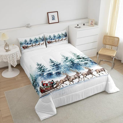 Santa Claus Comforter Set Queen Size,Elk Sledge Bedding Set 3Pcs for Kids Boys Girls Teens Room Decor,Pine Tree Jungle Quilt Set Winter Snowflake Blue White Duvet Insert,2 Pillowcases