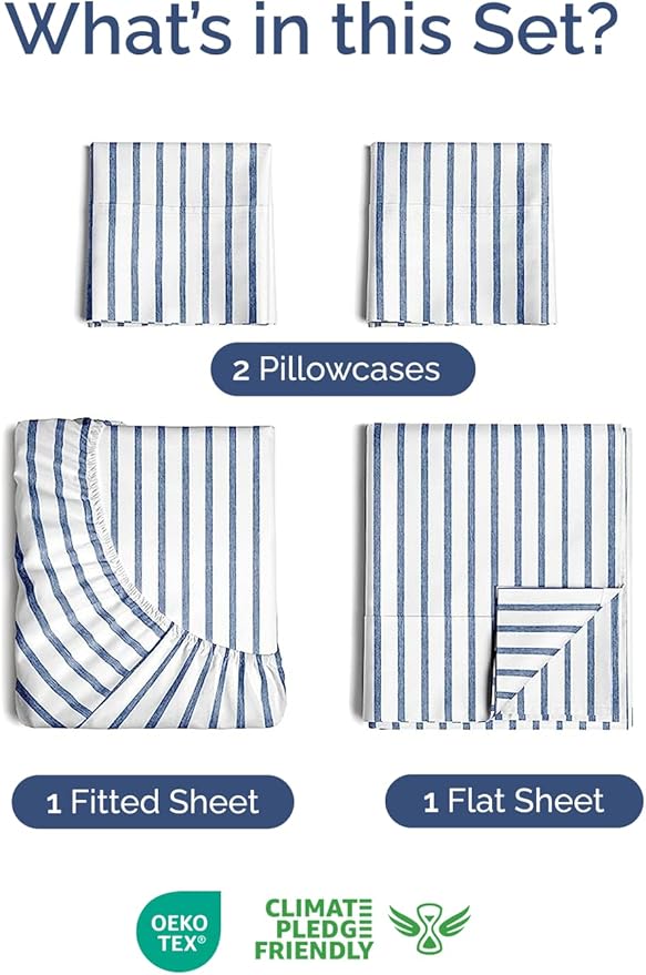 Extra Deep Twin XL Sheet Set - 4 Piece Breathable and Cooling Sheets - Hotel Luxury Bedding for Women, Men, Kids & Teens - Easy Secure Fit - Soft & Wrinkle Free with Extra Deep Pockets - Blue Stripes