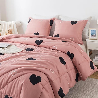 Caressma Love Pattern Girls Pink Comforter Set Twin Size, Cameo Brown Cute Love Heart Print Sexy Comforter Bedding Set for All Seasons, Geometric Soft Microfiber Comforter Set with Pillowcase