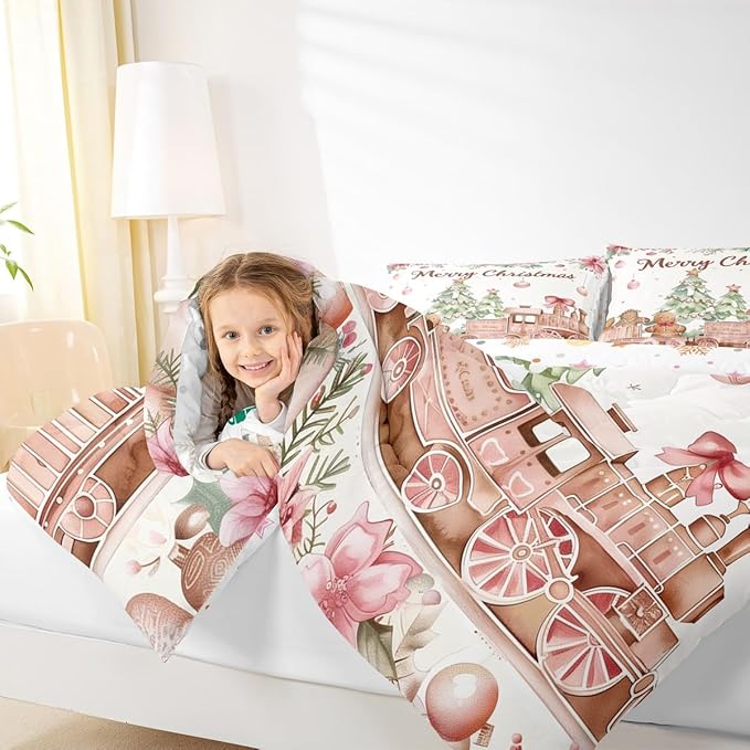 Gingerbread Train Bedding Sets Full Size,Christmas Tree Comforter Set 3Pcs for Kids Girls Boys Women Room Decor,Holly Leaves Flower Quilted Duvet Watercolor Pink Down Comforter,2 Pillowcases