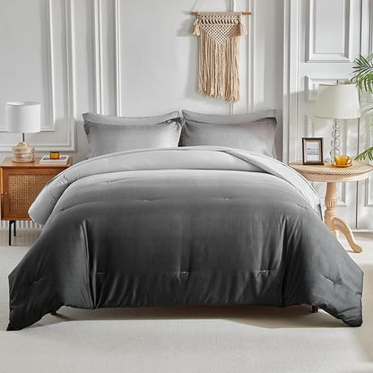 Black and Grey Gradient Comforter Set Queen Size 7 Pieces Elegant Ombre Bed in a Bag - Reversible All Season Bedding Set with Comforter, Flat Sheet, Fitted Sheet, 2 Pillowcases & 2 Pillow Shams