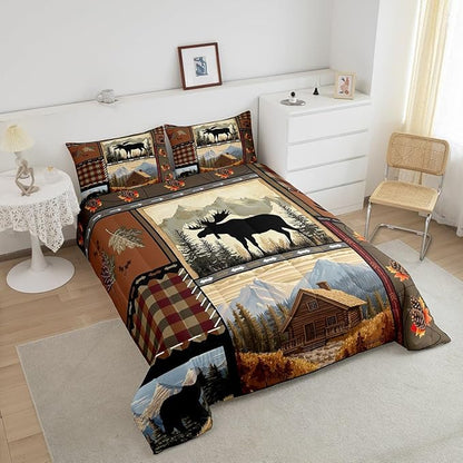 Feelyou Hunting Bear Deer Comforter Queen Size Wild Animal Comforter Set for Boys Girls Children Rustic Cabin Country Bedding Set Room Decor Bear Western Farmhouse Duvet Set 3Pcs
