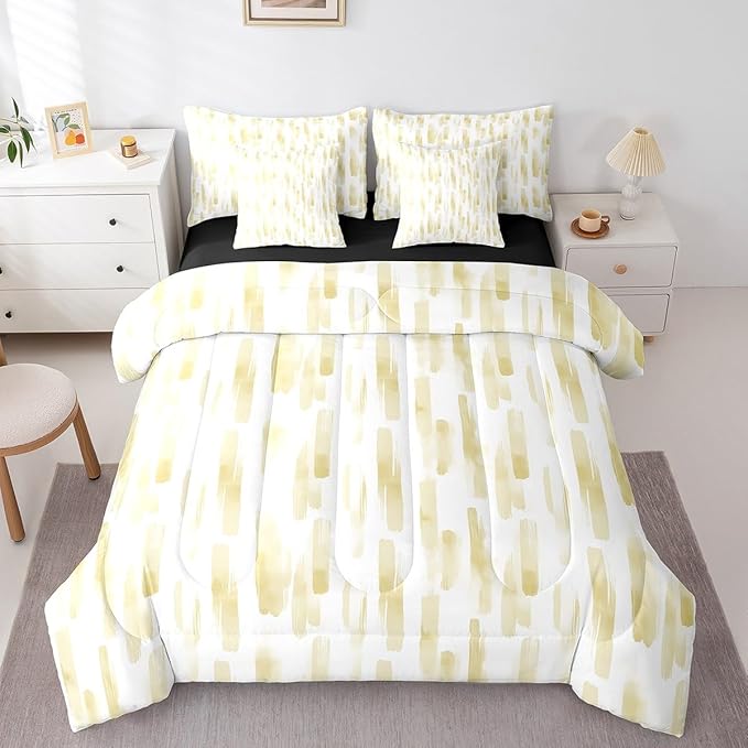 Erosebridal 7Pcs Lemon Yellow Boho Striped Comforter Set Full,Geometric Stripes Abstract Bed in A Bag for Adults Women Men,Modern Ink Watercolor Quilt Set with Pillowcases,Ombre Gradient Art Bedding