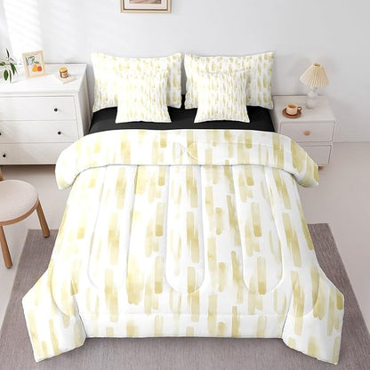 Erosebridal 7Pcs Lemon Yellow Boho Striped Comforter Set Full,Geometric Stripes Abstract Bed in A Bag for Adults Women Men,Modern Ink Watercolor Quilt Set with Pillowcases,Ombre Gradient Art Bedding