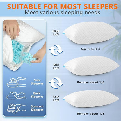 Cooling Memory Foam Pillows Firm and Soft, Standard Size 1 Pack, Original Adjustable Pillows for Side, Back or Stomach Sleepers with Removable Washable Cover
