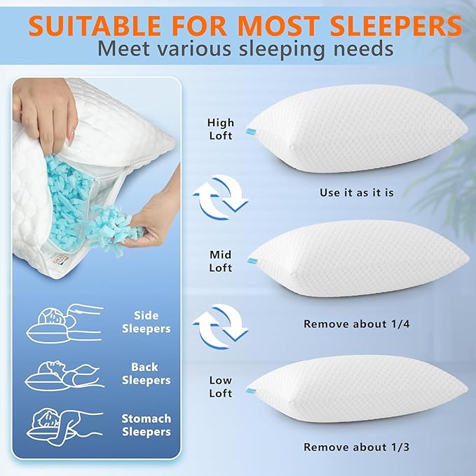 Cooling Memory Foam Pillows Firm and Soft, King Size 1 Pack, Original Adjustable Pillows for Side, Back or Stomach Sleepers with Removable Washable Cover
