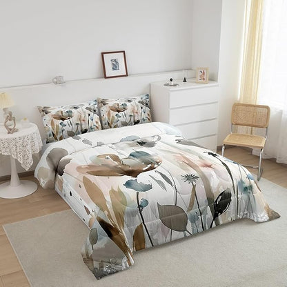 Erosebridal Boho Wildflower Comforter Set Twin Grunge Abstract Floral Bedding Set for Kids Girls Women,Spring Farmhouse Botanical Bedding Comforter Sets Rustic Country Bed Set Brown Blue
