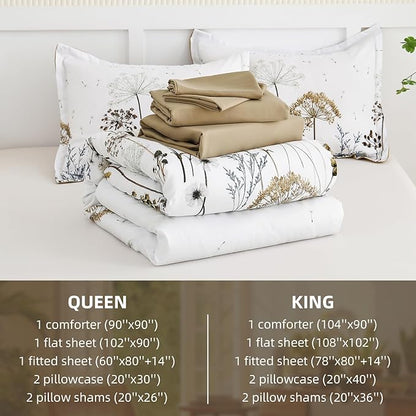 Yiran Khaki Floral Comforter Set Queen Size, 7 Piece Dandelion Botanical Plant Comforter Bedding Set, Bed in a Bag Queen, Soft Microfiber Complete Bedding Set with Sheets for All Season
