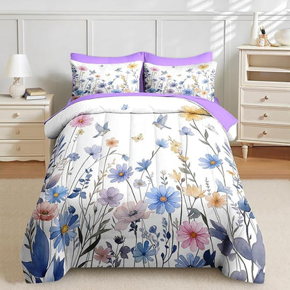 Nesker 7 Pcs Spring Comforter Set Full Size, Blue Floral Bird Bedding Set for Kids and Adults, Purple Flower Butterfly Bed Sheet Sets with Fitted Sheet 2 Pillowcases & 2 Shams