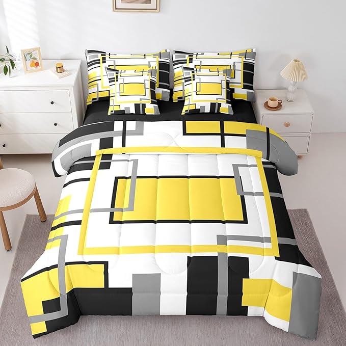 Erosebridal 7Pcs Yellow Black Modern Square Abstract Comforter Set Queen,Geometric Bed in A Bag for Women Men Adults,Boho Graffiti Stripes Striped Bedding with Bed Sheets,Mid Century Minimalist Quilt