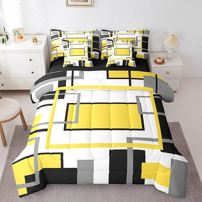 Erosebridal 7Pcs Yellow Black Modern Square Abstract Comforter Set King,Geometric Bed in A Bag for Women Men Adults,Boho Graffiti Stripes Striped Bedding with Bed Sheets,Mid Century Minimalist Quilt