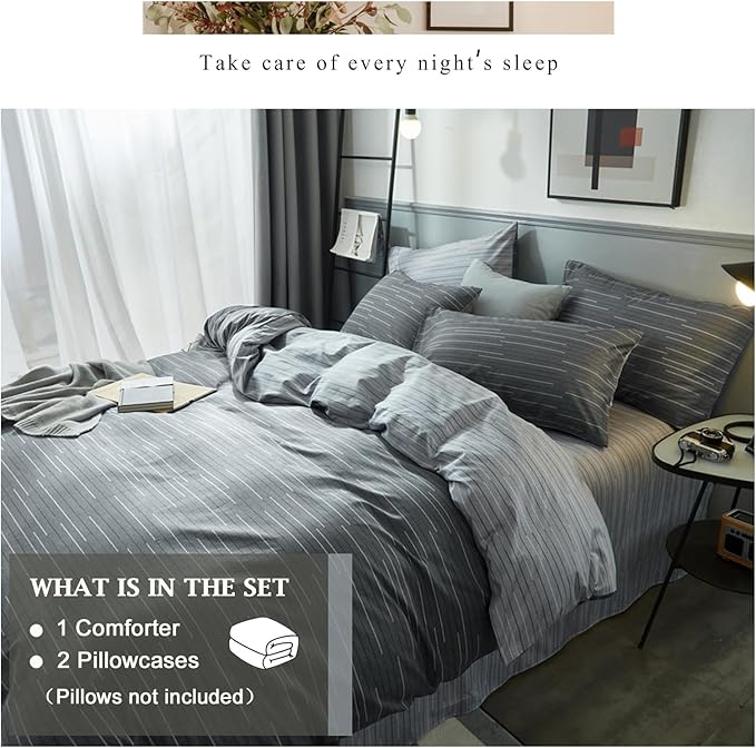 VM VOUGEMARKET Striped Comforter Set Queen,3 Pieces Blue Grey Stripes Comforter with 2 Pillowcases for Teen Boys Men Simple Modern Bedding Set (90"x90")