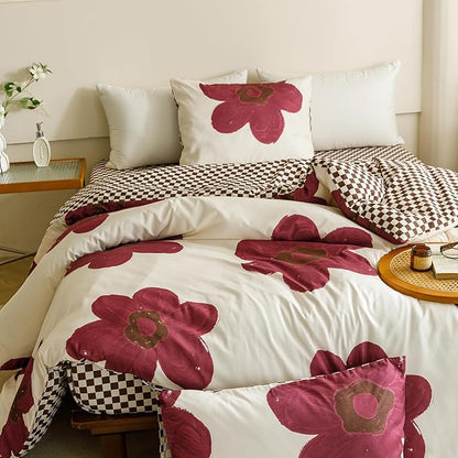 CLOTHKNOW Burgundy Sunflower Comforter Set - California King, Red Beige Floral Bedding - 3Pcs Dark Red Beige Comforter Sets