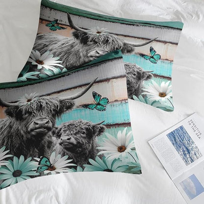 Comforter Set Full Size, Highland Cow Bull 7 Pcs Bedding for Kids and Adults, Flower Daisy Retro Bed Sheet Sets with Fitted Sheet 2 Pillowcases & 2 Shams for Bedroom Bed Decor