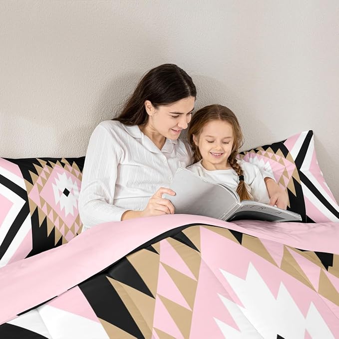 Feelyou Pink Black Boho Western Comforter Set Southwestern Aztec Tribal King Size Bedding Set for Kids Boys Girls Vintage Geometric Duvet Quilt