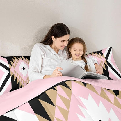 Feelyou Pink Black Boho Western Comforter Set Southwestern Aztec Tribal King Size Bedding Set for Kids Boys Girls Vintage Geometric Duvet Quilt