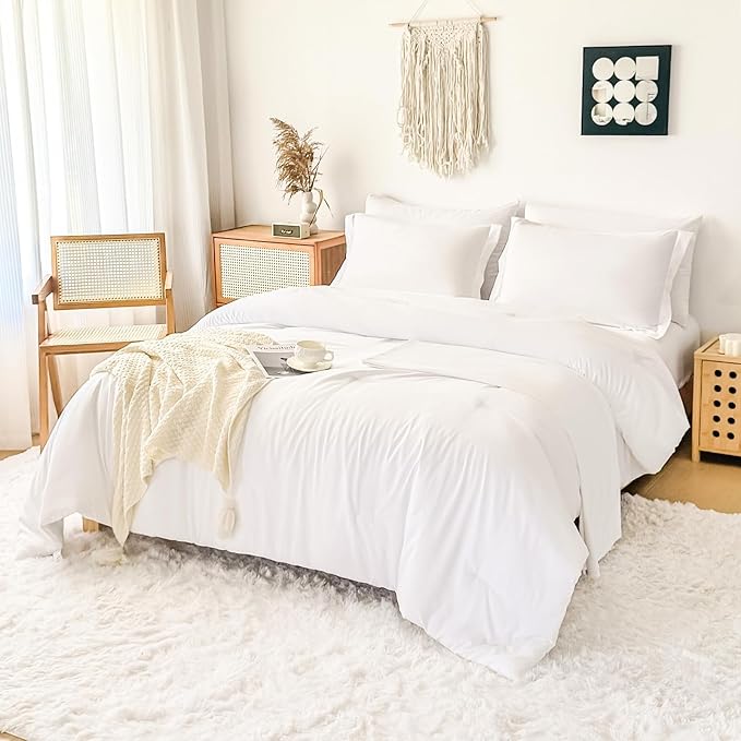 Cal King Comforter Duvet Cover Set White - 7-Piece Bed in a Bag, Festive Gift Double Brushed Micorfiber All-Season Soft Bedding with Sheets & Envelope Pillowcases(104"x90",Cal King)