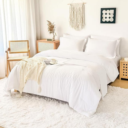 Cal King Comforter Duvet Cover Set White - 7-Piece Bed in a Bag, Festive Gift Double Brushed Micorfiber All-Season Soft Bedding with Sheets & Envelope Pillowcases(104"x90",Cal King)