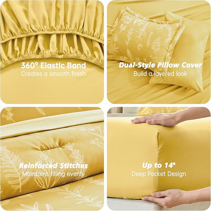 MUXHOMO Bright Yellow Bed in a Bag Queen 7 Pieces, Queen Comforter Set Reversible Botanical Flowers Design, Ultra Soft & Breathable Bedding Sets with Comforter, Sheets, Pillowcases & Shams