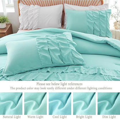 PERFEMET Boho Teal Comforter Set, 3 Pieces Girls Twin Bedding Set, Multi Layers Ruffle Bed Set for Kids Teens, Washed Microfiber Farmhouse Princess Bedding Comforter Sets (Teal,Twin)