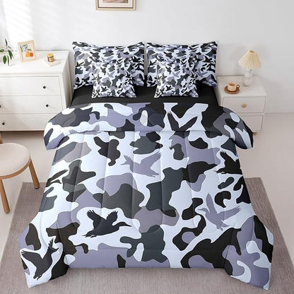 Erosebridal Duck Hunting 7 Pcs Comforter Set Full Size Army Camouflage Hunting Bed in A Bag Sheet Set Vintage Blue Grey Room Decor Wild Animal Duck Farmhouse Bed Set