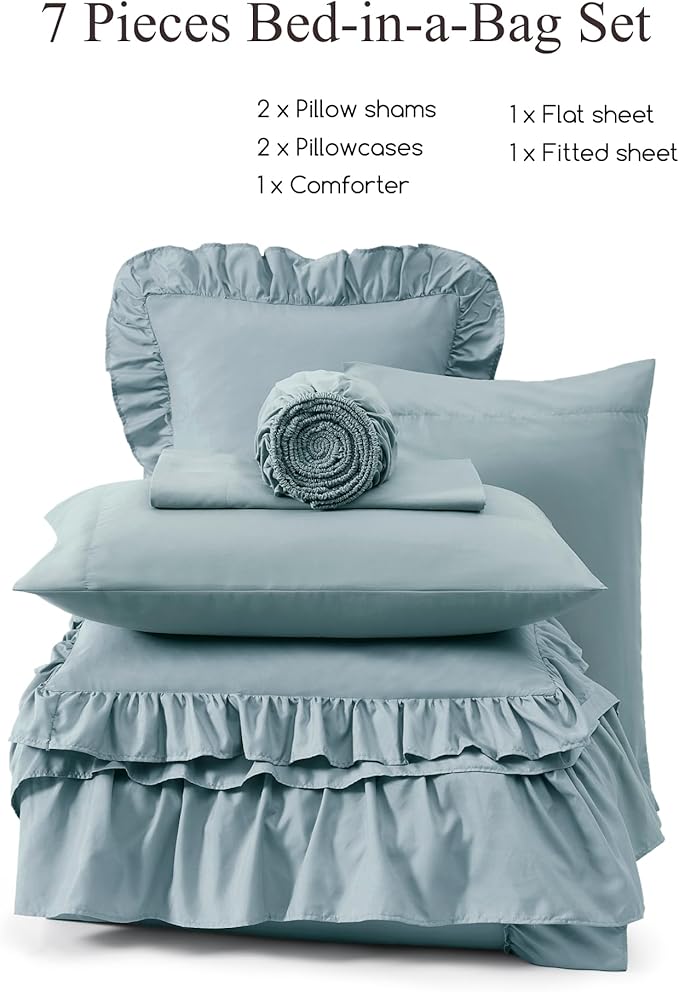 Queen Comforter Set Dusty Blue, Ruffle Shabby Chic Bedding Set Farmhouse 7 Pieces, All Season Fluffy Bed in a Bag with Sheets, Pillowcases & Shams