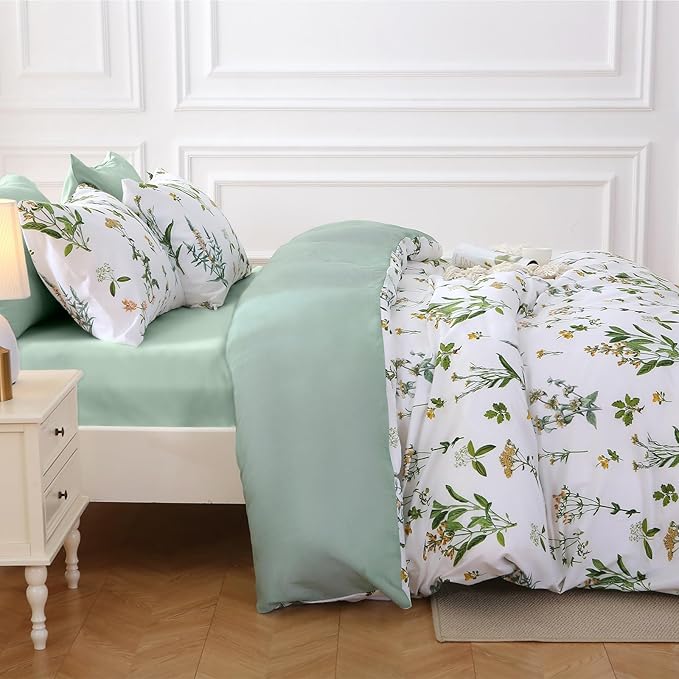 MUXHOMO Bed in a Bag King 7 Pieces, King Comforter Set Reversible Green Botanical Flowers Design, Ultra Soft & Breathable Bedding Sets with Comforter, Sheets, Pillowcases & Shams