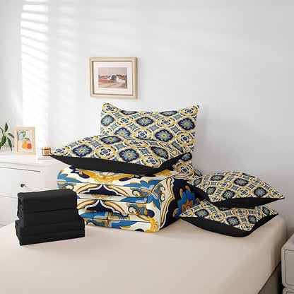 Erosebridal Oriental Bedding Set Vintage Full Comforter Set 7-Piece, Art Deco Patchwork Bedding Comforter Sets Colorful Buffalo Bed in a Bag, Geometric Plaid Grid Bed Sheets Set Exotic Style Decor