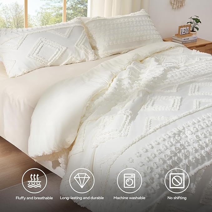 Boho King Comforter Set Beige with Sheets, 3 Pieces Tufted King Comforter Sets Boho Bedding Cream Soft Warm Neutral Comforter Sets for All Seasons