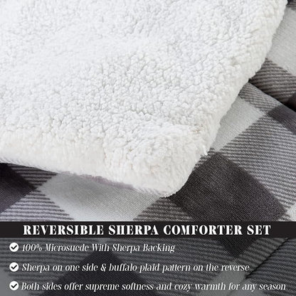 Elegant Comfort 3-Piece Buffalo Lodge-Plaid Comforter Set, Luxurious, Heavyweight, All Season, Down Alternative-Micromink Sherpa-Backing Reversible Micro-Suede, Soft and Plush, Twin, Gray/White