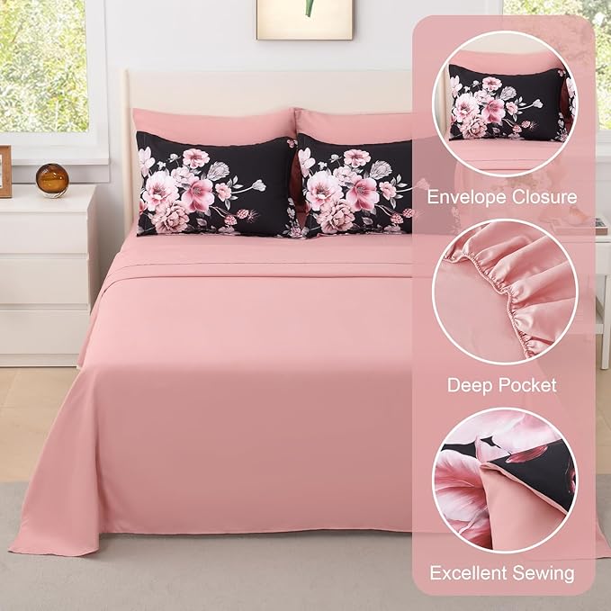 Floral King Size Comforter Set - 7 Piece Botanical Black and Pink Bed in a Bag Ulter Soft Microfiber Bedding Set, Lightweight Bed Comforter Set with Sheets for All Season (Black, King)