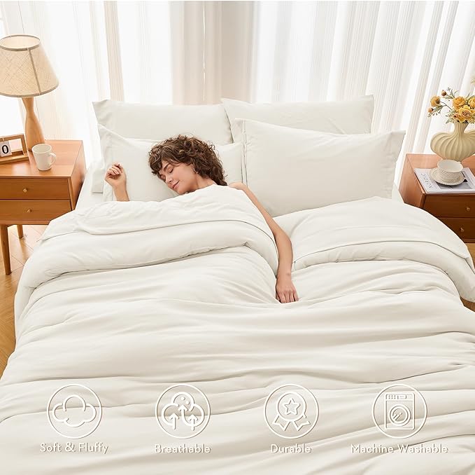 MUXHOMO 7 Pieces California King Comforter Set, Soft Bed in a Bag Cal King Size, All Season Bedding Set with Comforter, Flat Sheet, Fitted Sheet, Pillowcases & Shams, Ivory
